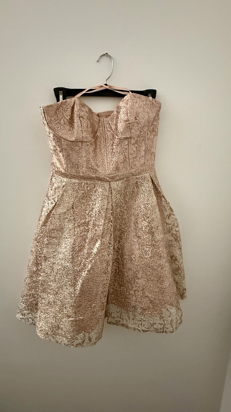 GB Social Rose Gold Metallic Strapless Fit & Flare Dress Size 3 with Pockets